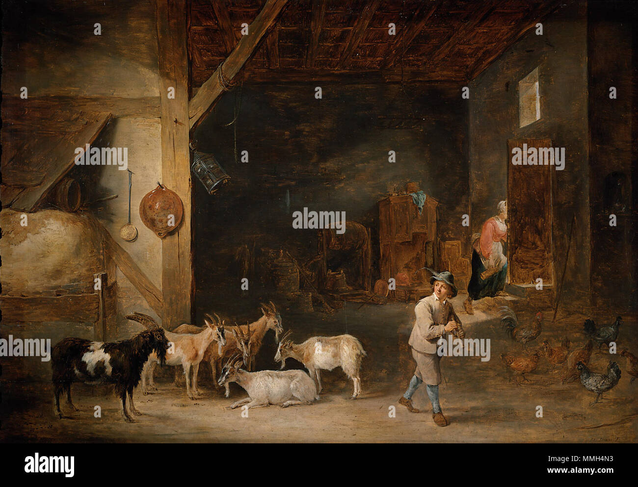 Barn with goats and a boy playing the recorder Goat Barn with Flute-player.  between 1640 and 1645. David Teniers de Jongere07 Stock Photo - Alamy