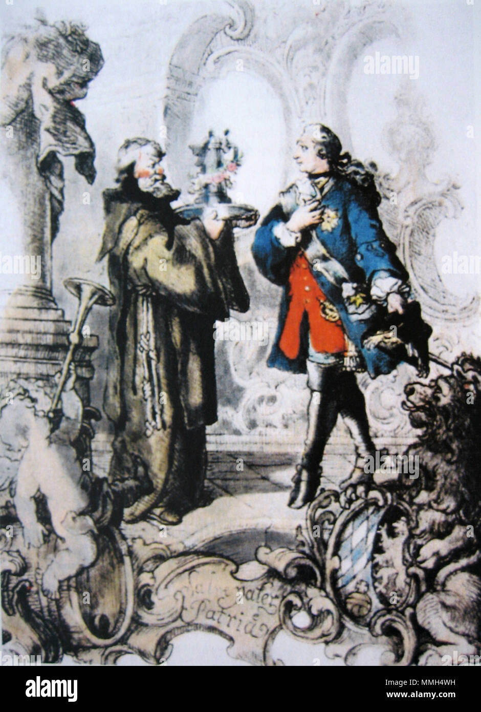 . Deutsch: „Kredenz-Szene“: Künstlerisch überhöhte Darstellung einer historischen Bierprobe am Nockherberg in München (an einem 2. April zwischen 1778 und 1795). Paulaner Braumeister Frater Barnabas reicht Kurfürst Karl Theodor einen Krug mit Salvator-Starkbier. Die Inschrift unten im Bild lautet: „Salve pater patriae“ (lat. „Sei gegrüßt, Vater des Vaterlands“). English: 'Kredenz-Szene': Artistically dramatised depiction of a historical beer testing at the Munich Nockherberg (on an April 2 between 1778 and 1795). Paulaner brewer Friar Barnabas presents Prince-Elector Charles Theodore with a mu Stock Photo