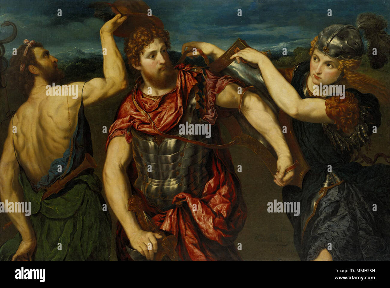 English: Oil on canvas of the god Mercury and goddess Minerva providing the  warrior Perseus with armor to battle the Gorgon, Medusa. Italian: Perseo  giovane armato da Mercurio ed Atena Perseus