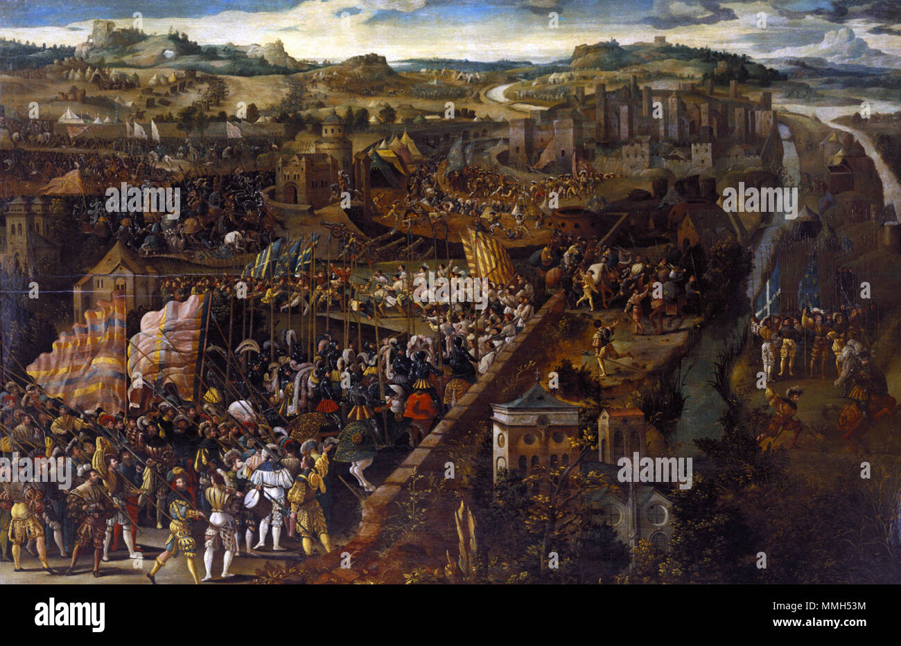 .  English: A painting depicting the Battle of Pavia, a military engagement of February 24, 1525.  Battle of Pavia. 16th century, after 1525. Battle of Pavia, oil on panel Stock Photo