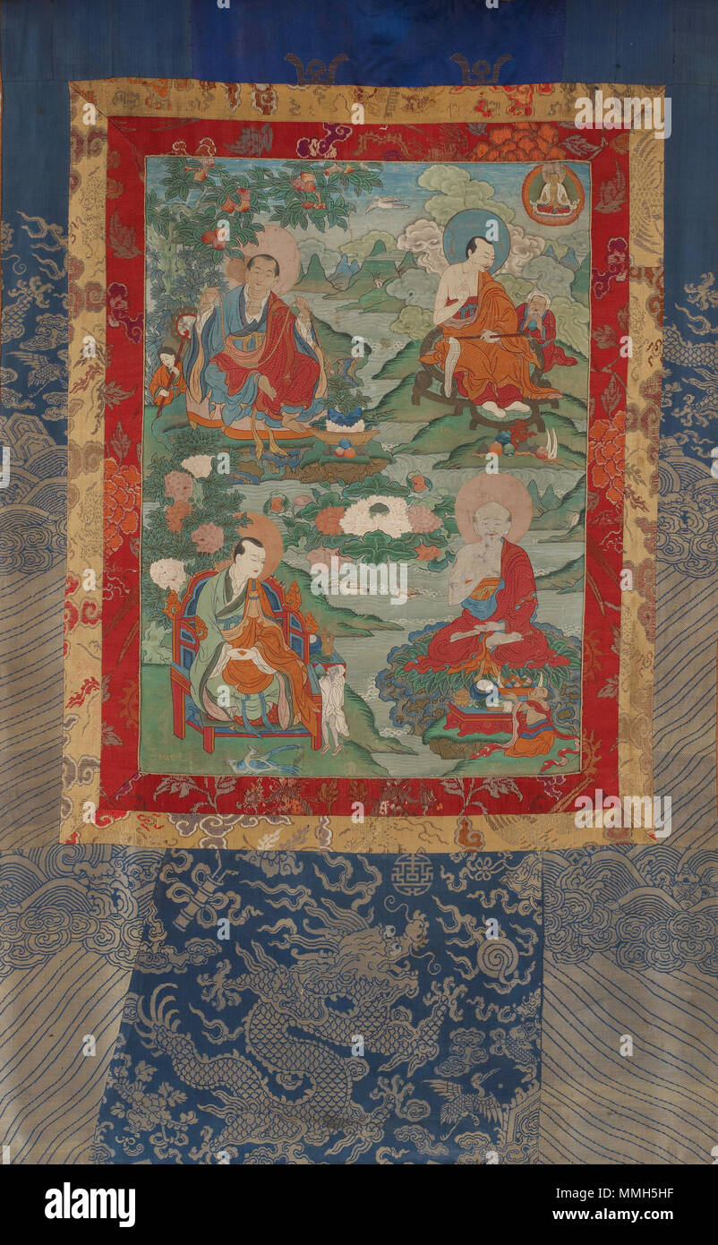 . English: Arhats Kanakavasta, Vajriputra, Kanaka-Bharadvaja, and Bhadra, from a six-part set of Arhat Immortal Thangkas. Mineral pigments on sized cotton, H x W (overall): 144.8 x 78.7 cm (57 x 31 in), H x W (painting): 61 x 34.3 cm (24 x 13 1/2 in). Tsang, Central Tibet, from the Alice S. Kandell Collection. Freer Gallery of Art and Arthur M. Sackler Gallery. Accession Number: S2013.28.5.  . 19th century. Unknown / Smithsonian Institution Arhats Kanakavasta, Vajriputra, Kanaka-Bharadvaja, and Bhadra FS-7620 09 Stock Photo