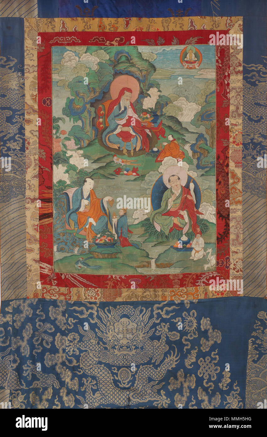 . English: Arhats Ajita, Kalika, and Vanavasin, from a six-part set of Arhat Immortal Thangkas. Mineral pigments on sized cotton, H x W (overall): 144.8 x 78.7 cm (57 x 31 in), H x W (painting): 61 x 34.3 cm (24 x 13 1/2 in). Tsang, Central Tibet, from the Alice S. Kandell Collection. Freer Gallery of Art and Arthur M. Sackler Gallery. Accession Number: S2013.28.2.  . 19th century. Unknown / Smithsonian Institution Arhats Ajita, Kalika, and Vanavasin FS-7620 03 Stock Photo