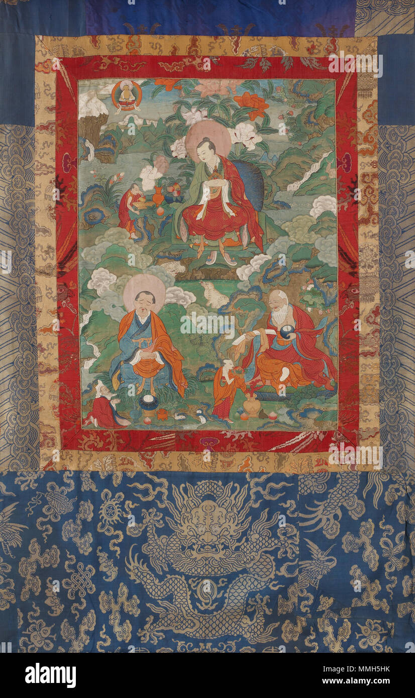 . English: Arhats Rahula, Cudapanthaka, and Pindola, from a six-part set of Arhat Immortal Thangkas. Mineral pigments on sized cotton, H x W (overall): 144.8 x 78.7 cm (57 x 31 in), H x W (painting): 61 x 34.3 cm (24 x 13 1/2 in). Tsang, Central Tibet, from the Alice S. Kandell Collection. Freer Gallery of Art and Arthur M. Sackler Gallery. Accession Number: S2013.28.3.  . 19th century. Unknown / Smithsonian Institution Arhats Rahula, Cudapanthaka, and Pindola FS-7620 05 Stock Photo