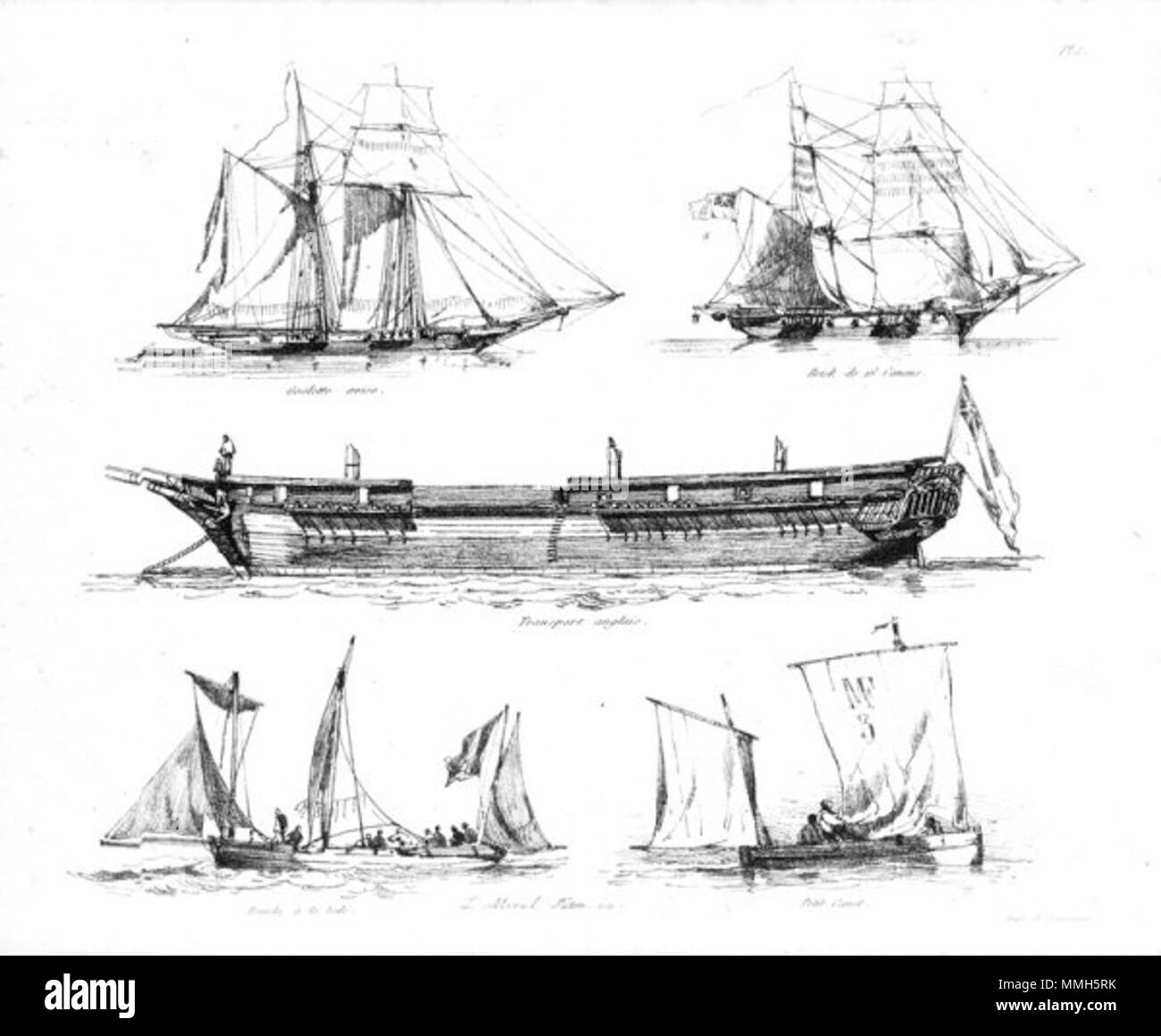 English: Despatch schooner - 16-gun brig - English troopship - barge under  sail - small sailing boat Français : Goelette aviso - Brick de 16 canons -  Transport anglais - Péniche