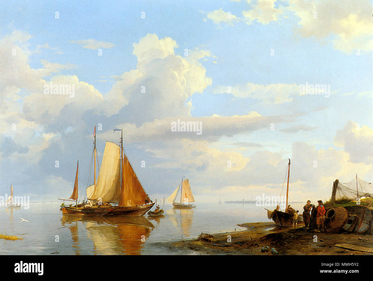 Figures coming ashore in a calm / Shipping in a calm. 1852. Hermanus Koekkoek (sr.) - Figures coming ashore in a calm (1852) Stock Photo