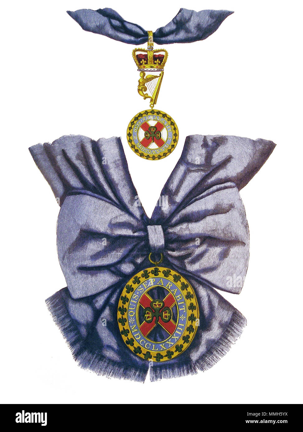 . Badges of the Order of St Patrick. Top: Badge of the Grand Master of the Order. Bottom: Badge and Riband of a Knight Companion of the Order  . 2 December 2006. Artist unknown. Photograph by User:Dr pda 67 Badges of the Order of St Patrick Stock Photo