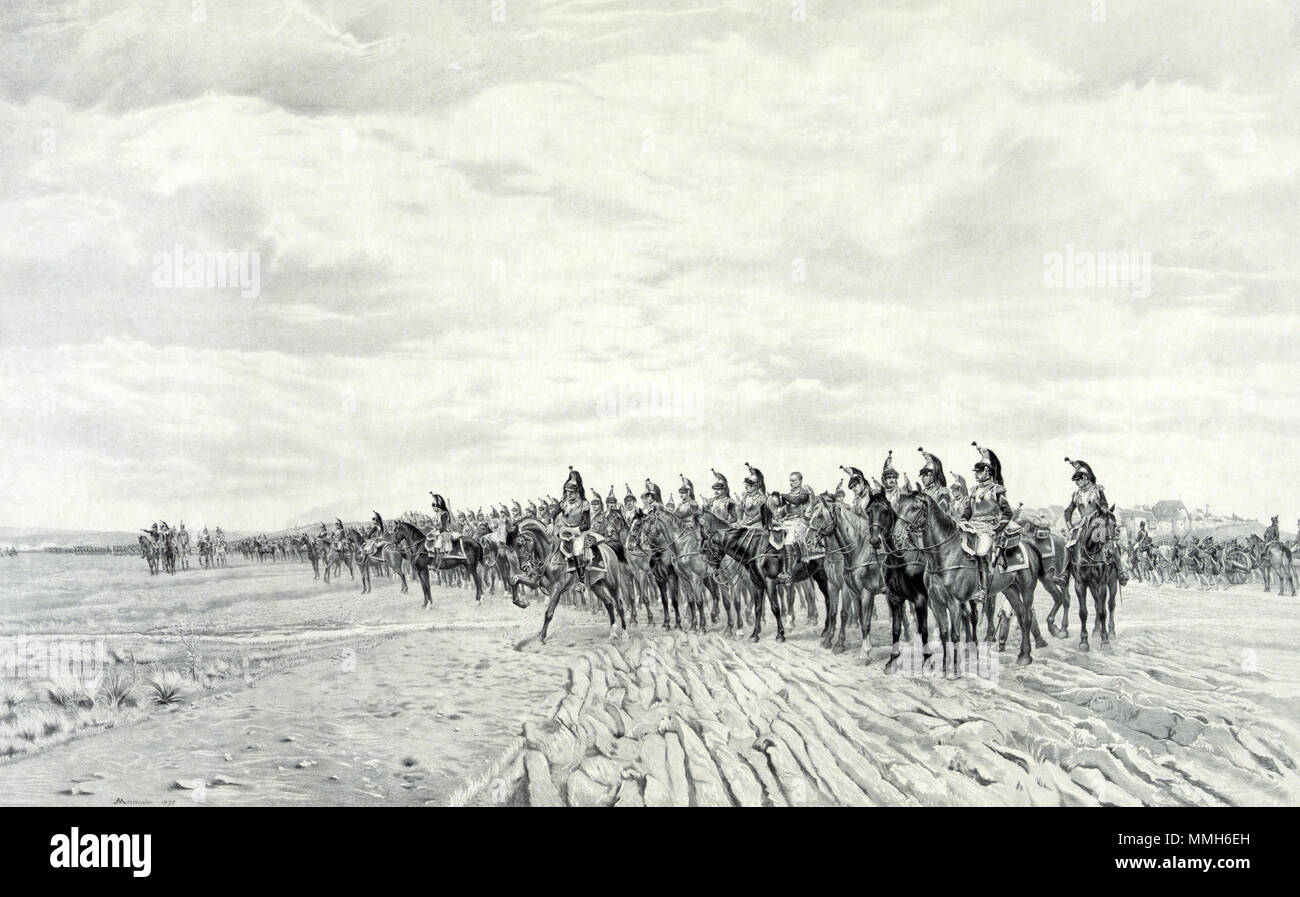 .  English: 1805 Napoleon at Austerlitz. Print showing long line of French cavalry with artillery moving behind them at Austerlitz. Includes remarque of Napoleon, half-length portrait, facing slightly right.  . circa 1894. 6 1805 Napoleon at Austerlitz Stock Photo