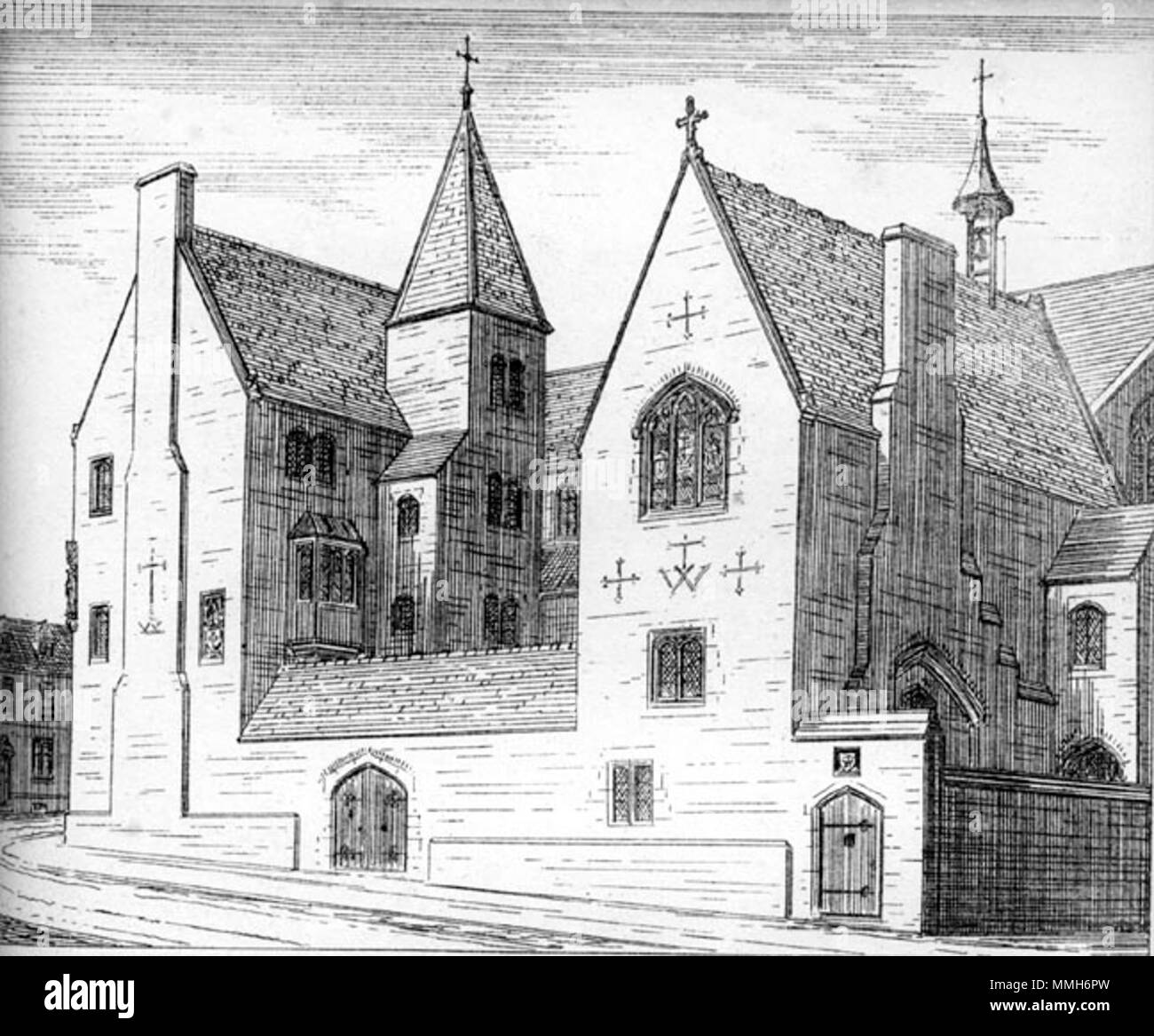 . English: A drawing, by Augustus Pugin, of his Bishop's House in Birmingham, England, from Pugin's Present State of Ecclesiastical Architecture, facing p. 102.  . before 1844.   Augustus Pugin  (1812–1852)       Alternative names Augustus Welby Northmore Pugin; A. W. N. Pugin  Description British architect  Date of birth/death 1 March 1812 14 September 1852  Location of birth/death Bloomsbury Ramsgate  Authority control  : Q313288 VIAF:?17247761 ISNI:?0000 0000 8096 1987 ULAN:?500008414 LCCN:?n50027100 NLA:?35435757 WorldCat Bishops House, Birmingham by Augustus Pugin Stock Photo