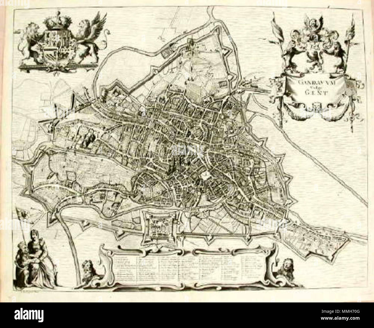 . English: Map of Ghent, 1735 Title Gandavum vulgo Gent Maker from 'Verheerlijkt Vlaanderen ( Flandria Illustrata ) Year 1735 Description Very detailed antique map of Gent ( Gand or Ghent ), Belgium, from “ Verheerlijkt Vlaanderen” (Flandria Illustrata), by A. Sanderus Location/Subject Antique maps of Europe / Gent,Gand or Ghent / Belgium / Netherlands Condition Fine Coloring Black / White Image size 21 inch x 16 3/4 inch  . 1735. Unknown Ghent, map 1735 Stock Photo