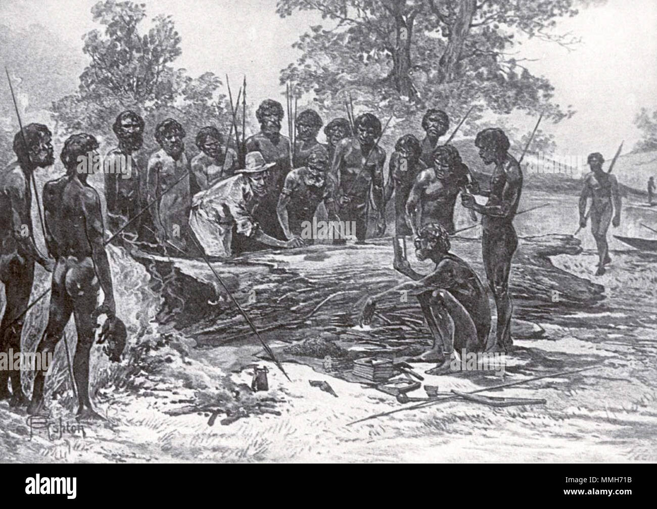 . English: An artist's impression of Batman's treaty with Port Philip, Australia aborigines in 1835 for the purchase of 600,000 acres of land.  . 1886 (First Published). unattributed 74 Batman signs treaty artist impression Stock Photo