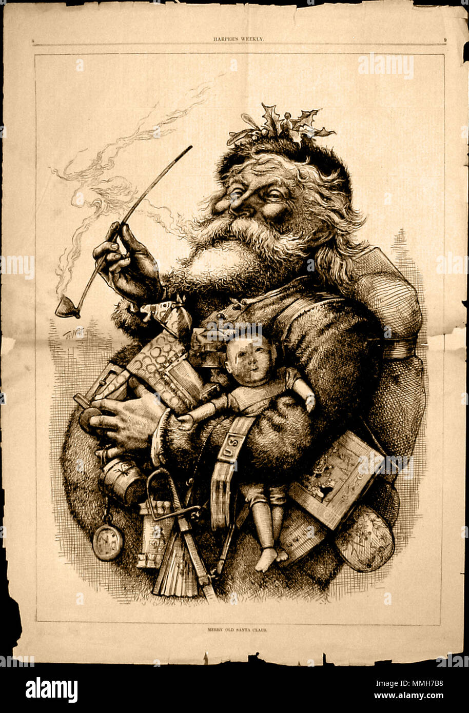 . English: Thomas Nast's most famous drawing, 'Merry Old Santa Claus', from the January 1, 1881 edition of Harper's Weekly. Thomas Nast immortalized Santa Claus' current look with an initial illustration in an 1863 issue of Harper's Weekly, as part of a large illustration titled 'A Christmas Furlough' in which Nast set aside his regular news and political coverage to do a Santa Claus drawing. The popularity of that image prompted him to create another illustration in 1881.  . 1 January 1881. Thomas Nast 10 1881 0101 tnast santa 200 Stock Photo