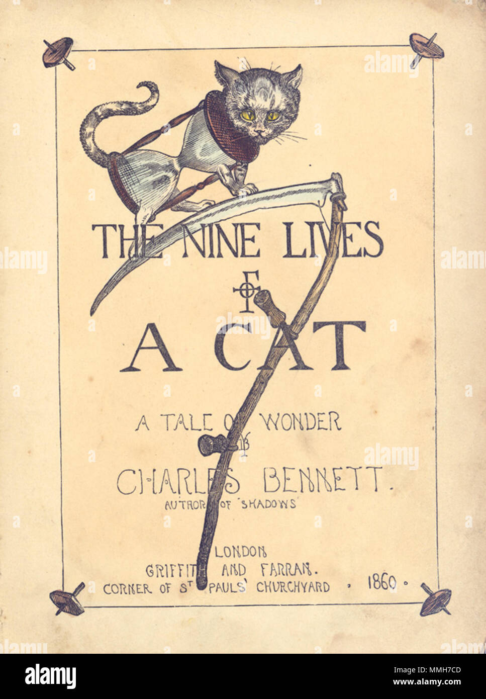 . English: Cover of The Nine Lives of a Cat: A Tale of Wonder - Published by Griffith and Farran, London.  . 1860.   Charles H. Bennett  (1829–1867)      Alternative names Charles H. Bennett  Description British illustrator and caricaturist Victorian-age illustrator who pioneered techniques in comic illustration  Date of birth/death 1829 1867  Location of birth/death London London  Work period 1853-1867  Work location England  Authority control  : Q5078521 VIAF:?100208670 ISNI:?0000 0001 1691 6935 ULAN:?500009448 LCCN:?n85145312 NLA:?35017367 WorldCat Charles H. Bennett (illustrator) (39960147 Stock Photo