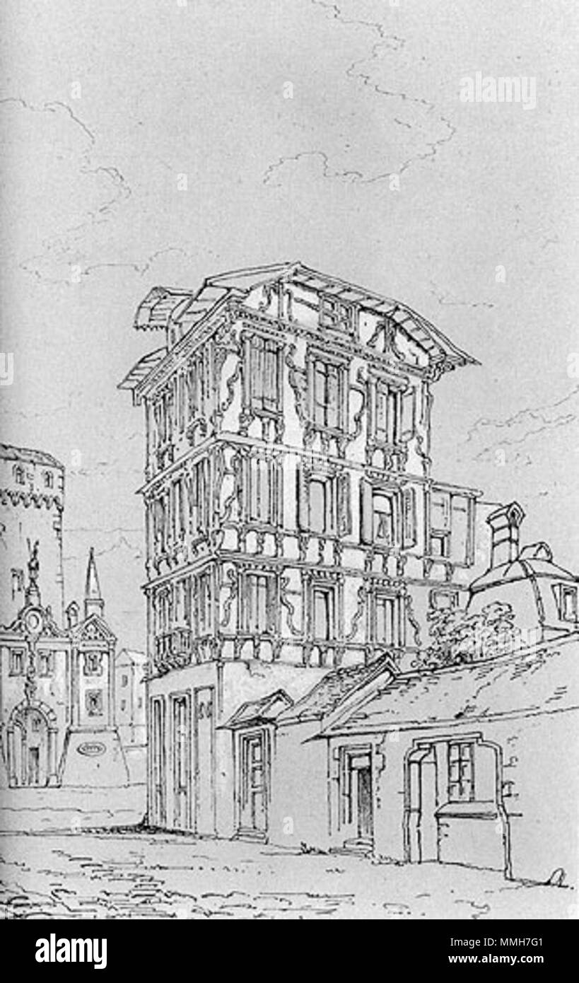 . Ancient Maison, Lucerne, Ulm. Pencil on paper  . 1835.   John Ruskin  (1819–1900)       Alternative names Ruskin  Description British author, poet, artist and art critic  Date of birth/death 8 February 1819 20 January 1900  Location of birth/death London English: Brantwood, Lake District  Work location England, Venice, Switzerland, France  Authority control  : Q179126 VIAF:?73859585 ISNI:?0000 0001 2139 3446 ULAN:?500006262 LCCN:?n79006950 NLA:?36583544 WorldCat Ancient Maison Lucerne Stock Photo