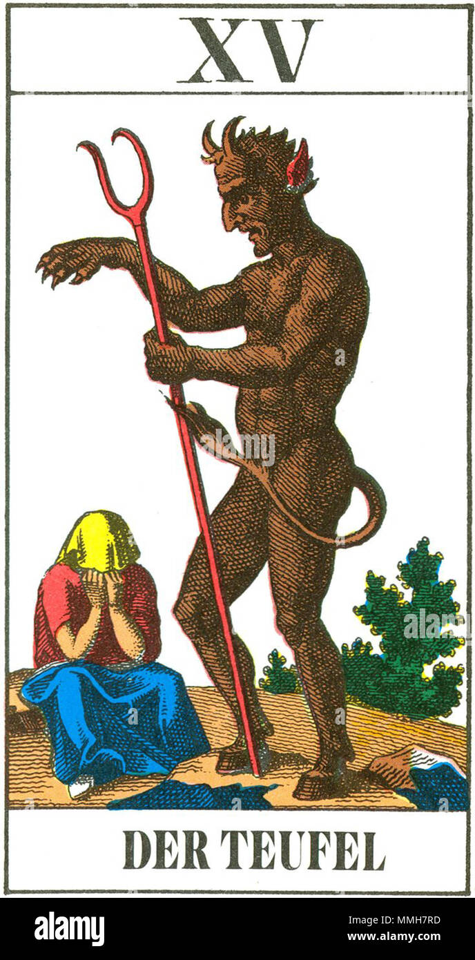 . English: Trump The Devil (Nr. XV) from the 1JJ tarot deck. 19th century card design. German version.  . between 1831 and 1838. Unknown 13 1JJ Tarot - Trump 15 - German - Der Teufel Stock Photo