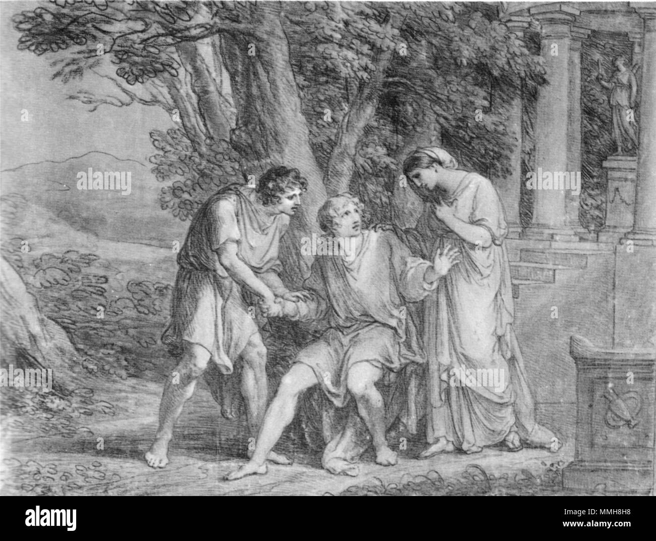 . Act three, scene three from Goethe's Iphigenia in Tauris. Drawing. Première of final version of play in Weimar in 1802. Goethe, playing Orestes, seated in the centre.  . 1802.   Angelica Kauffman  (1741–1807)      Alternative names Angelika Kauffmann, Maria Anna Angelika Katharina Kauffmann, Angelika Katharina Kauffmann  Description Swiss-British painter  Date of birth/death 30 October 1741 5 November 1807  Location of birth/death Chur Rome  Work location London, Rome, Schwarzenberg  Authority control  : Q123098 VIAF:?95148968 ISNI:?0000 0001 2321 3306 ULAN:?500115055 LCCN:?n50044673 NLA:?35 Stock Photo