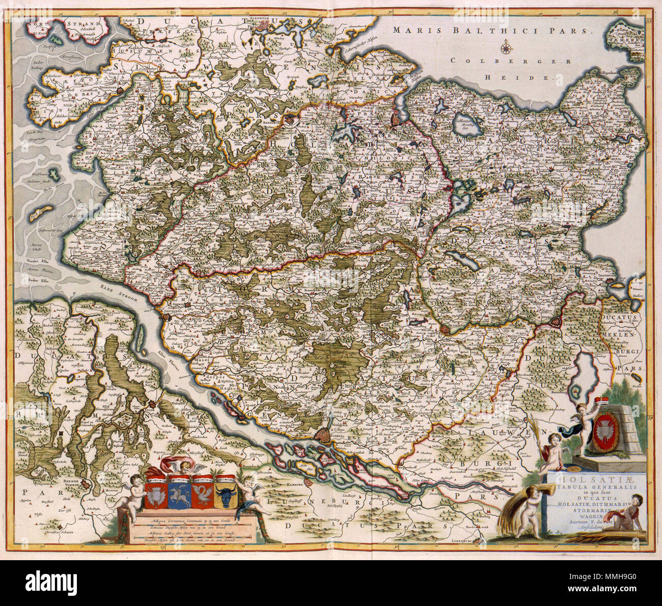 .  Nederlands: De Deense wiskundige Johannes Mejer (1606-1674) werkte vanaf 1638 aan de samenstelling van een kaart van Sleeswijk-Holstein, dat toen voor een groot deel Deense grondgebied was. De resultaten van dat werk - een atlas met 43 detailkaarten van Sleeswijk-Holstein - werd in 1652 door Caspar Dankwerth gepubliceerd. Omdat de topografische opname van Sleeswijk-Holstein als de beste van zijn tijd gold, was het dan ook weinig verrassend dat Joan Blaeu (1598-1673) de belangrijkste kaarten uit deze reeks in zijn Atlas Maior van 1662 opnam. Ook daarna waren deze kaarten bijzonder populair.  Stock Photo