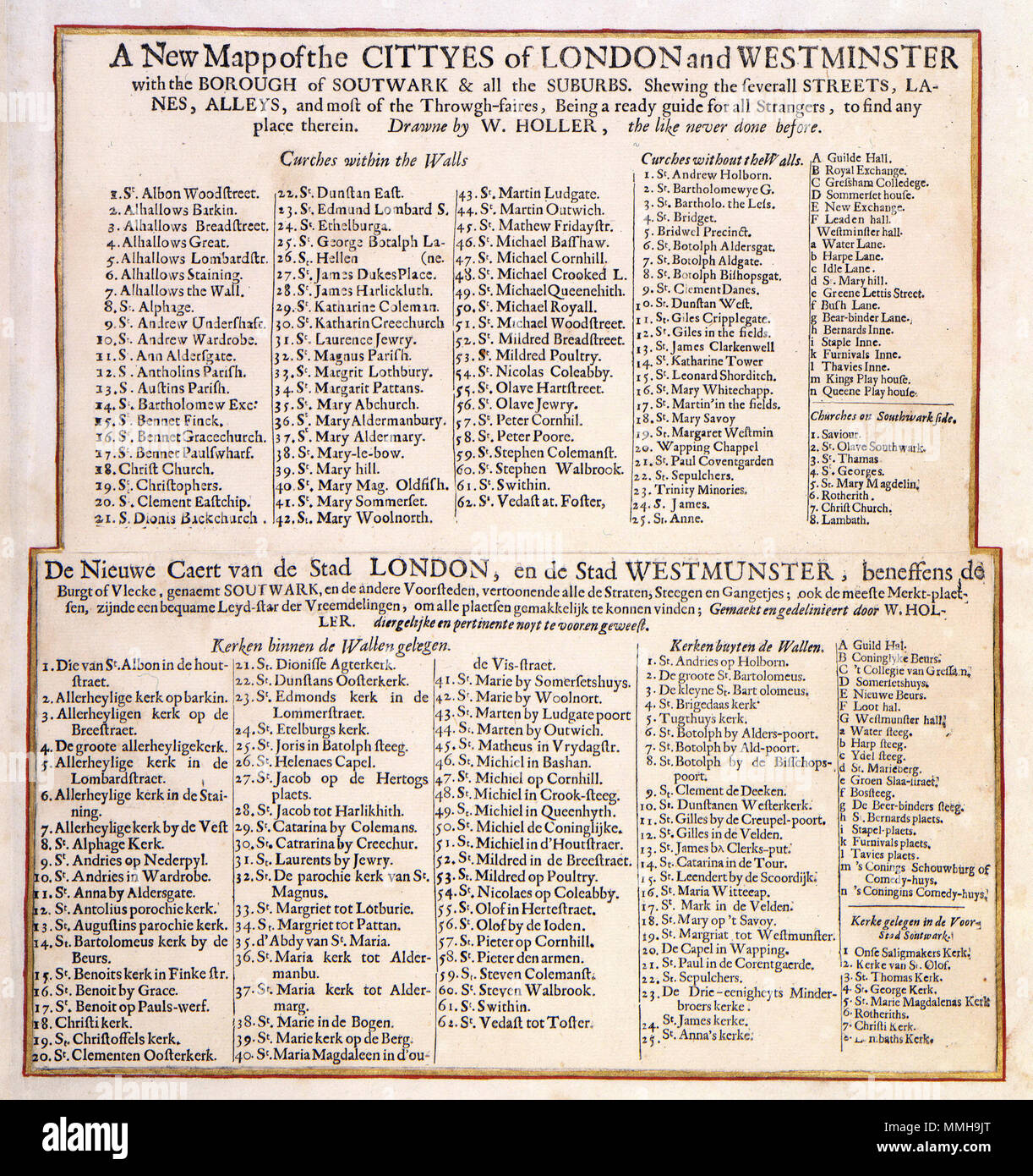 .  Nederlands: Deze tekst vormt een toelichting op de stadsplattegrond van Londen van Wencesclaus Hollar (1607-1677). English: This text explaines the town plan of London by Wenceslaus Hollar (1607-1677).  A New Mapp of the CITTYES of LONDON and WESTMINSTER with the BOROUGH of SOUTHWARK & all the SUBURBS. after 1688. Author: Gemaekt en gedlinieert door W. HOL- LER diergelijke en pertinente noyt te vooren geweest. Publisher: Onbekend / unknown Atlas Van der Hagen-KW1049B11 020 1-A New Mapp of the CITTYES of LONDON and WESTMINSTER with the BOROUGH of SOUTHWARK &amp; all the SUBURBS Stock Photo