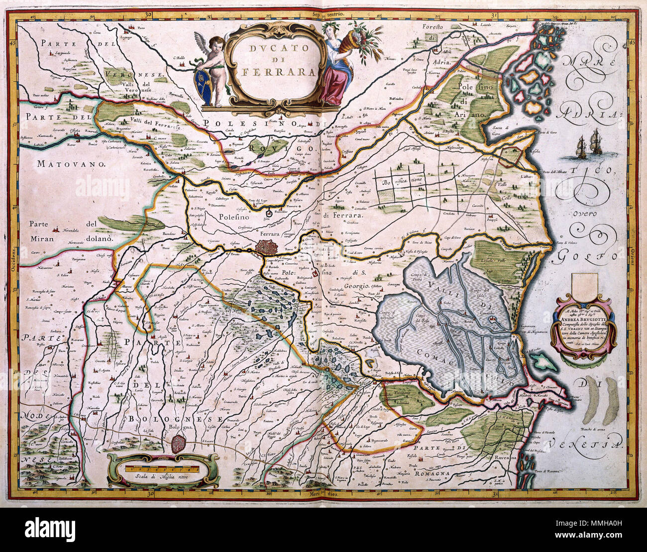 Nederlands: Deze kaart van het hertogdom Ferrara werd in 1640 door Joan  Blaeu (1598-1673) en Cornelius Blaeu (1610-1642) gepubliceerd in het derde  deel van hun Atlas Novus. De kaart werd door