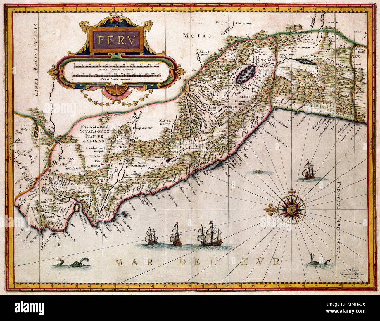 .  Nederlands: Willem Jansz. Blaeu (1571-1638) publiceerde deze kaart van Peru in 1630. De gegevens voor het samenstellen van deze kaart nam Blaeu over aan Joannes de Laets (1583-1649) Beschrijvinghe van West-Indien uit 1625. English: Willem Jansz. Blaeu (1571-1638) published this map of Peru in 1630. For this map, Blaeu used information from the 'Beschrijvinghe van West-Indien', a famous book by Joannes de Laet (1583-1649) published in 1625.  PERV. 1630. Atlas Van der Hagen-KW1049B13 088-PERV Stock Photo