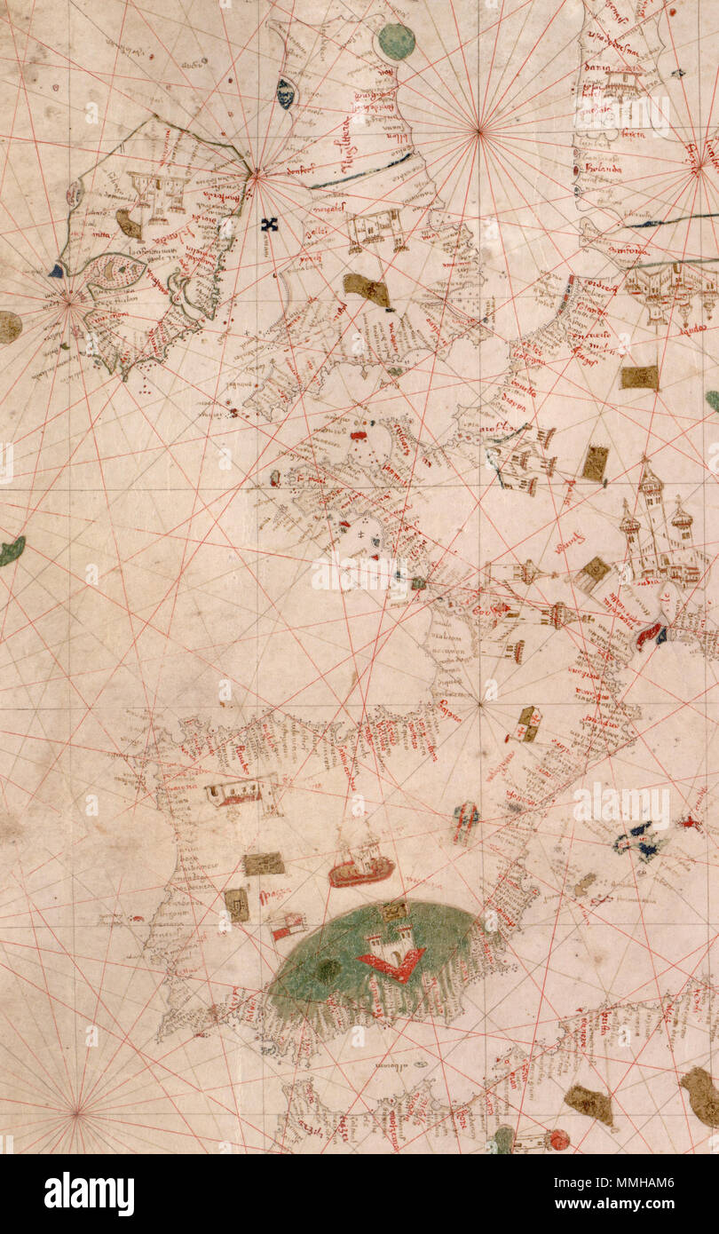 . English: Nautical chart of the Mediterranean area, including Europe with British Isles and part of Scandinavia. HM 1548. anonymous, PORTOLAN ATLAS Italy, 15th century. possibly before 1492. Alps and Atlas mountains shown as green areas. Call Number: HM 1548 Description: Nautical chart of the Mediterranean area, including Europe with British Isles and part of Scandinavia.  . 15th century before 1492. Unknown Nautical chart of the Mediterranean area, including Europe with British Isles and part of Scandinavia. HM 1548. anonymous, PORTOLAN CHART (Italy, 15th century).P Stock Photo