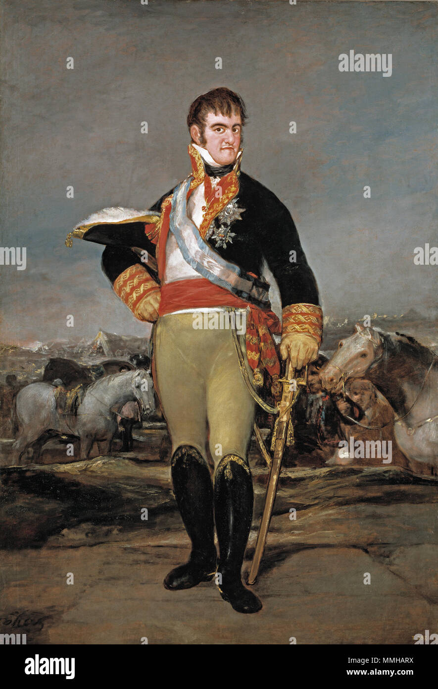 Spanish: Fernando VII, ante un campamento Ferdinand VII at camp. after 1815. Ferdinand VII of Spain (1814) by Goya Stock Photo