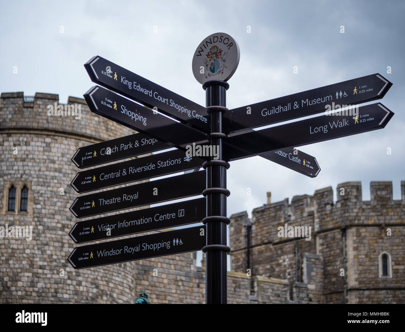 Windsor Sign Post, to Windsor Attractions, in front of Windsor Castle, Windsor, Berkshire, England, UK, GB. Stock Photo