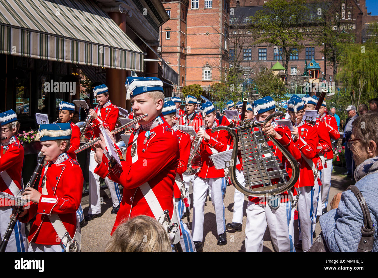 The Tivoli Youth Guard Band in red jacket and white trousers, May 5, 2018, Copenhagen, Denmark Stock Photo
