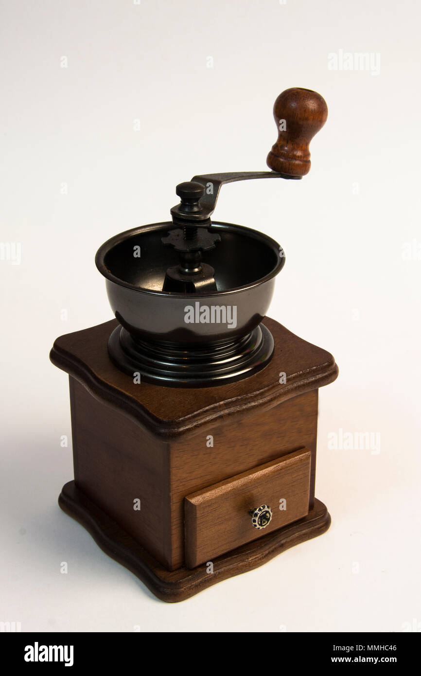 the old coffee grinder with grain coffee and ground Stock Photo