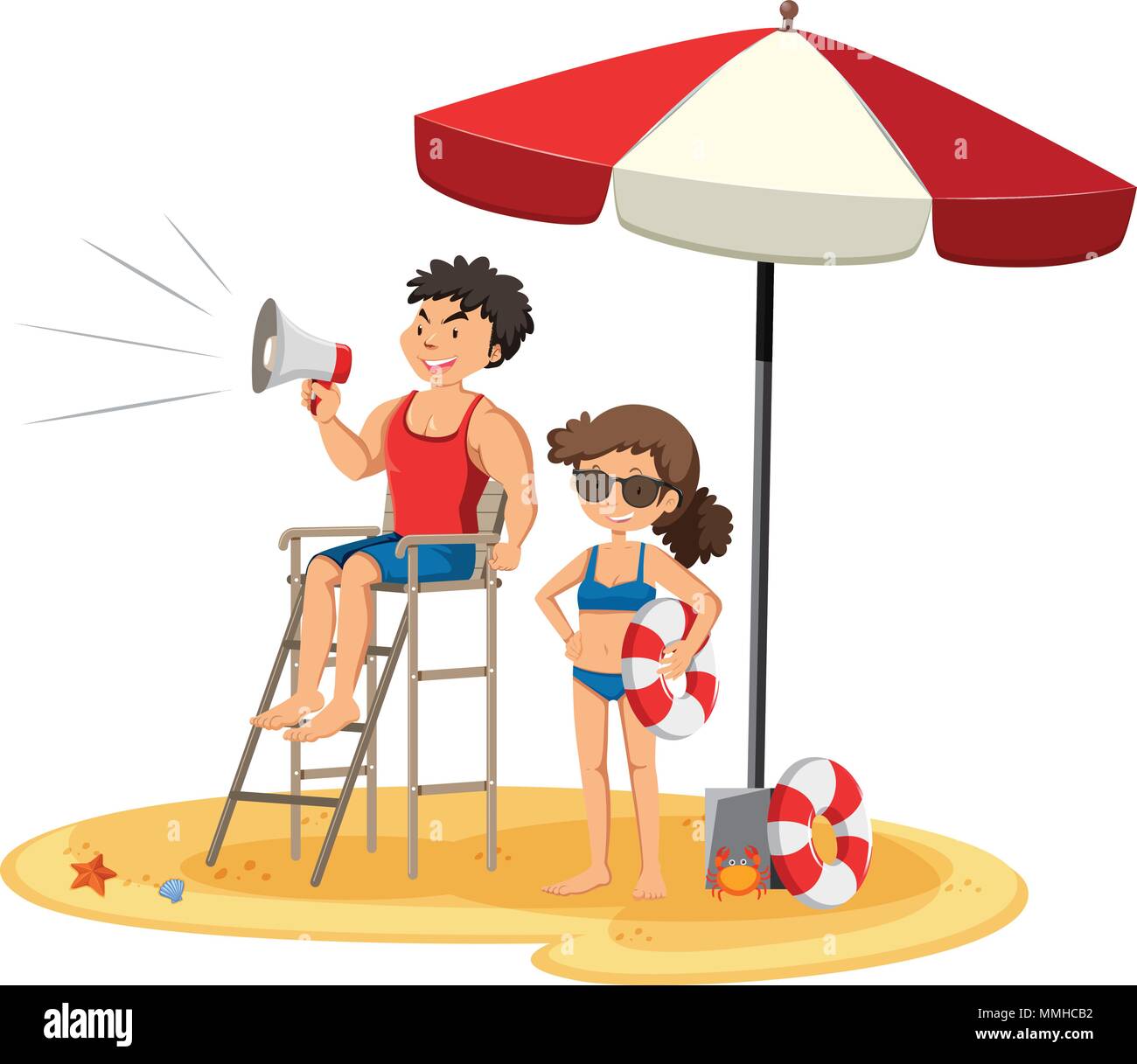 Lifeguard at the beach on white background illustration Stock Vector