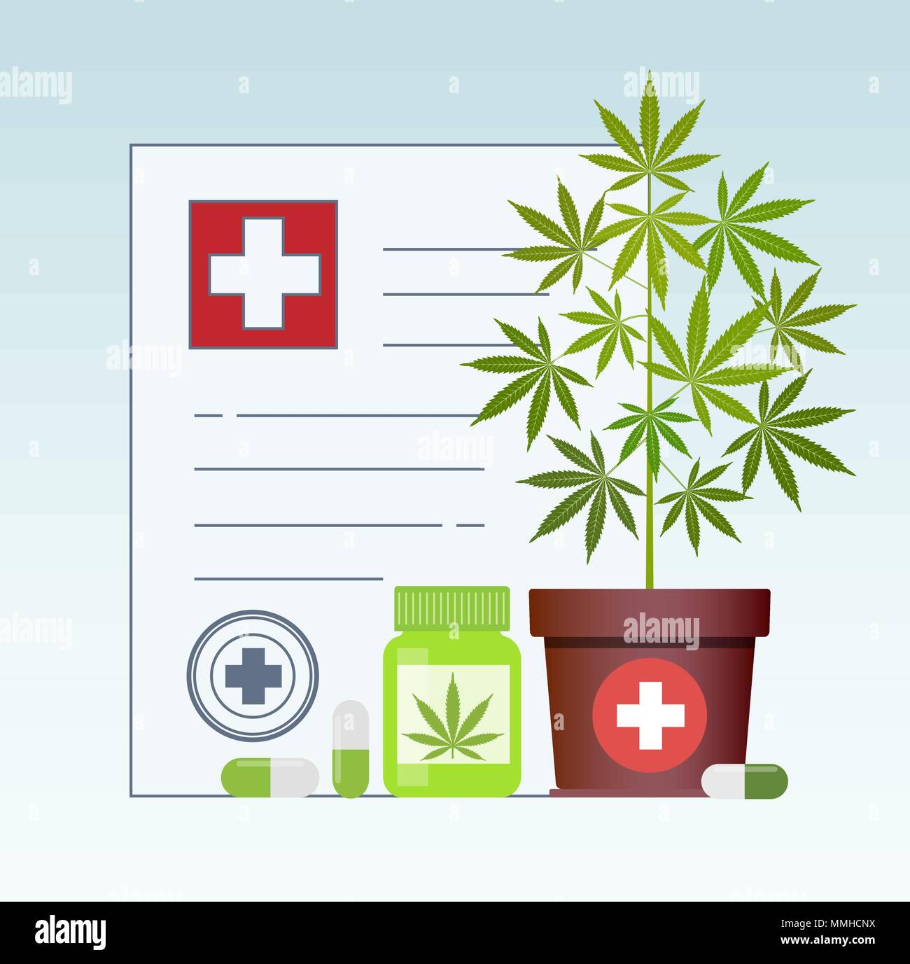 Bottle with medical marijuana and Medical cannabis pills - marijuana tablets. Medical marijuana in Healthcare a prescription for medical marijuana. Ce Stock Vector