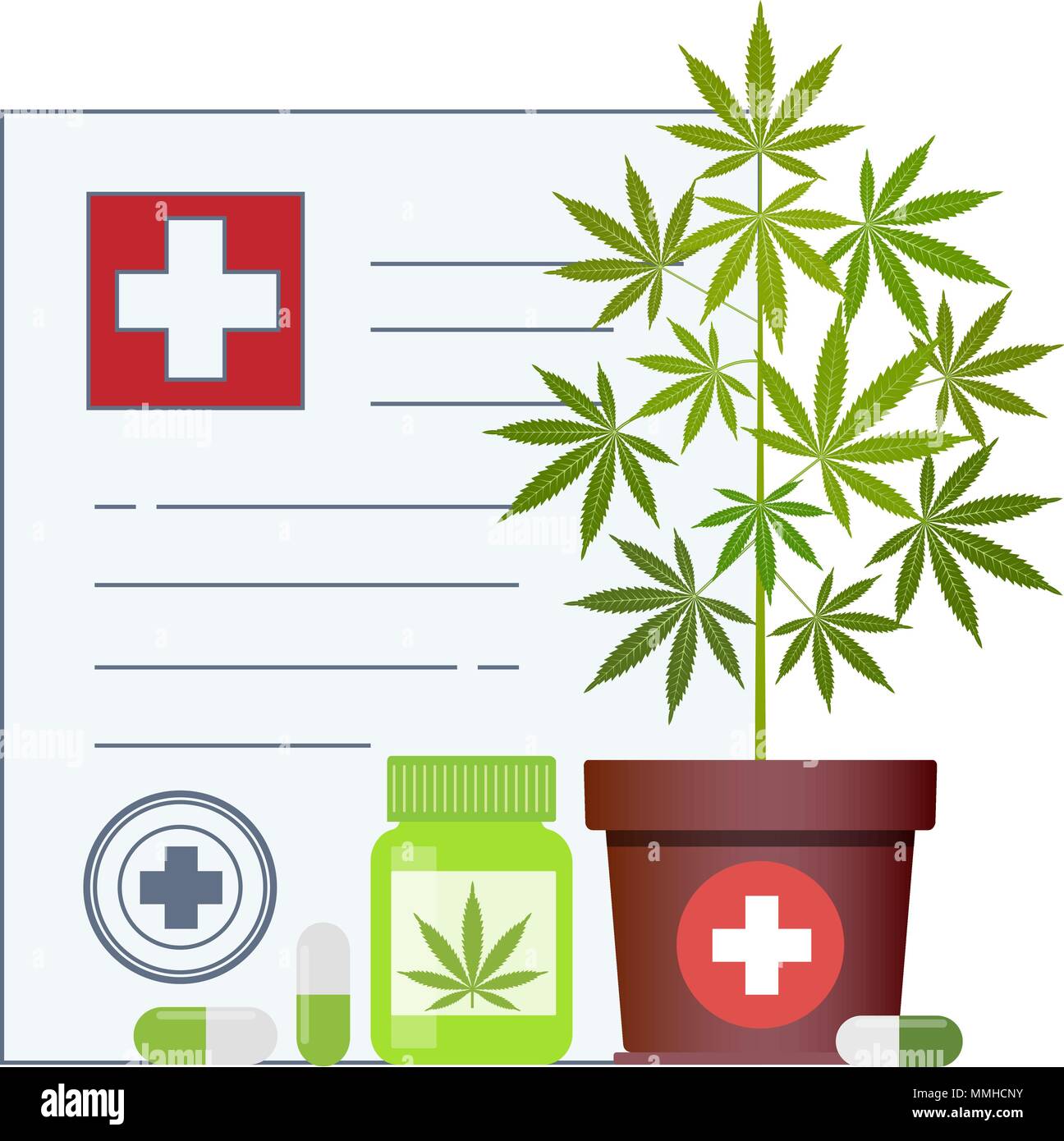 Bottle with medical marijuana and Medical cannabis pills - marijuana tablets. Medical marijuana in Healthcare a prescription for medical marijuana. Ce Stock Vector