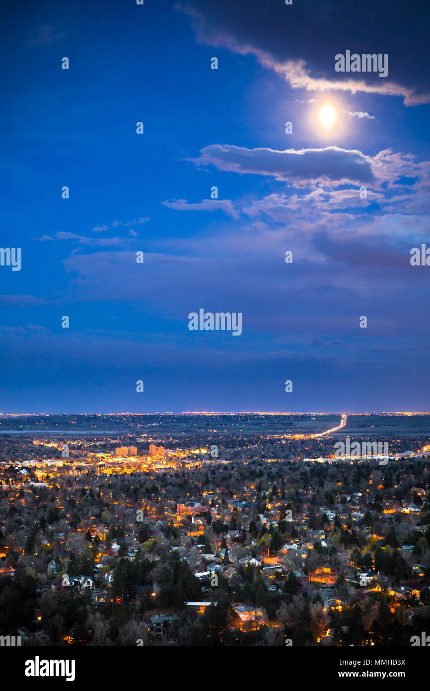 Beautiful Boulder Colorado seen at night from above with many lights