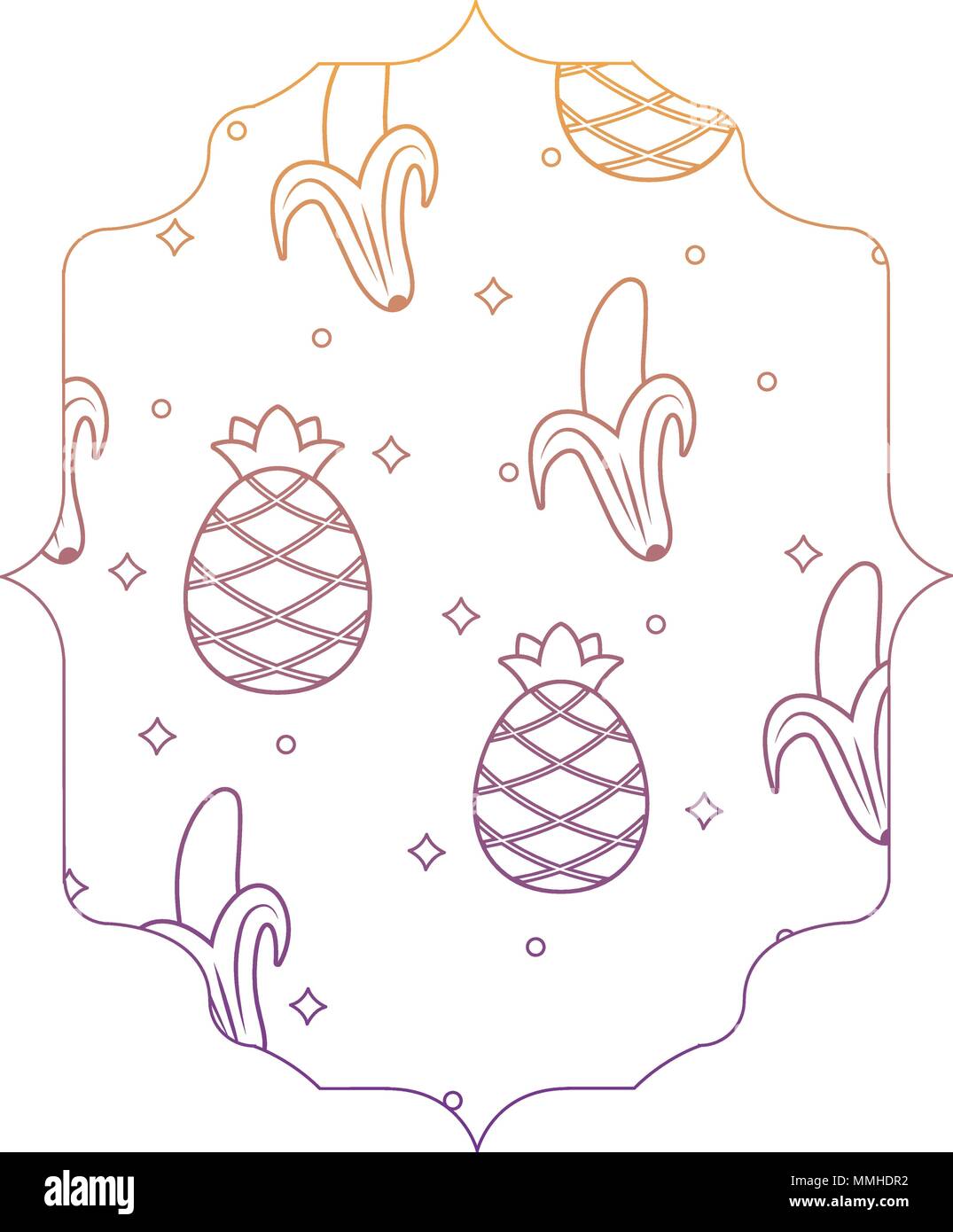 arabic frame with pineapples and bananas pattern over white background, vector illustration Stock Vector