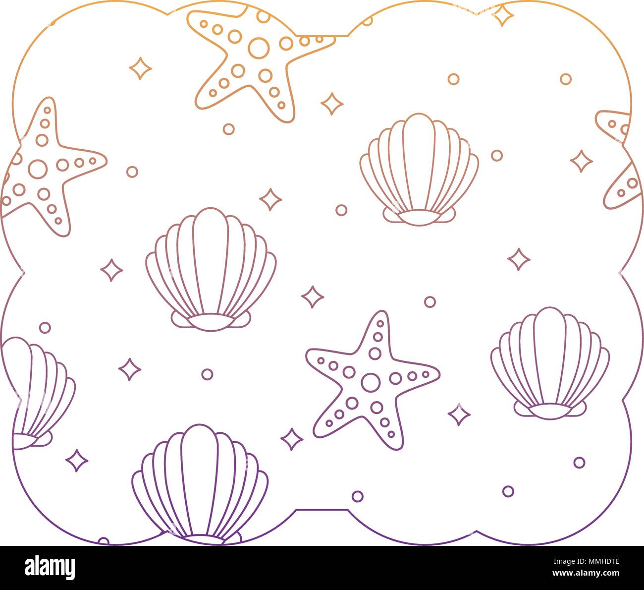 decorative frame with seashell and sea stars pattern over white background, vector illustration Stock Vector