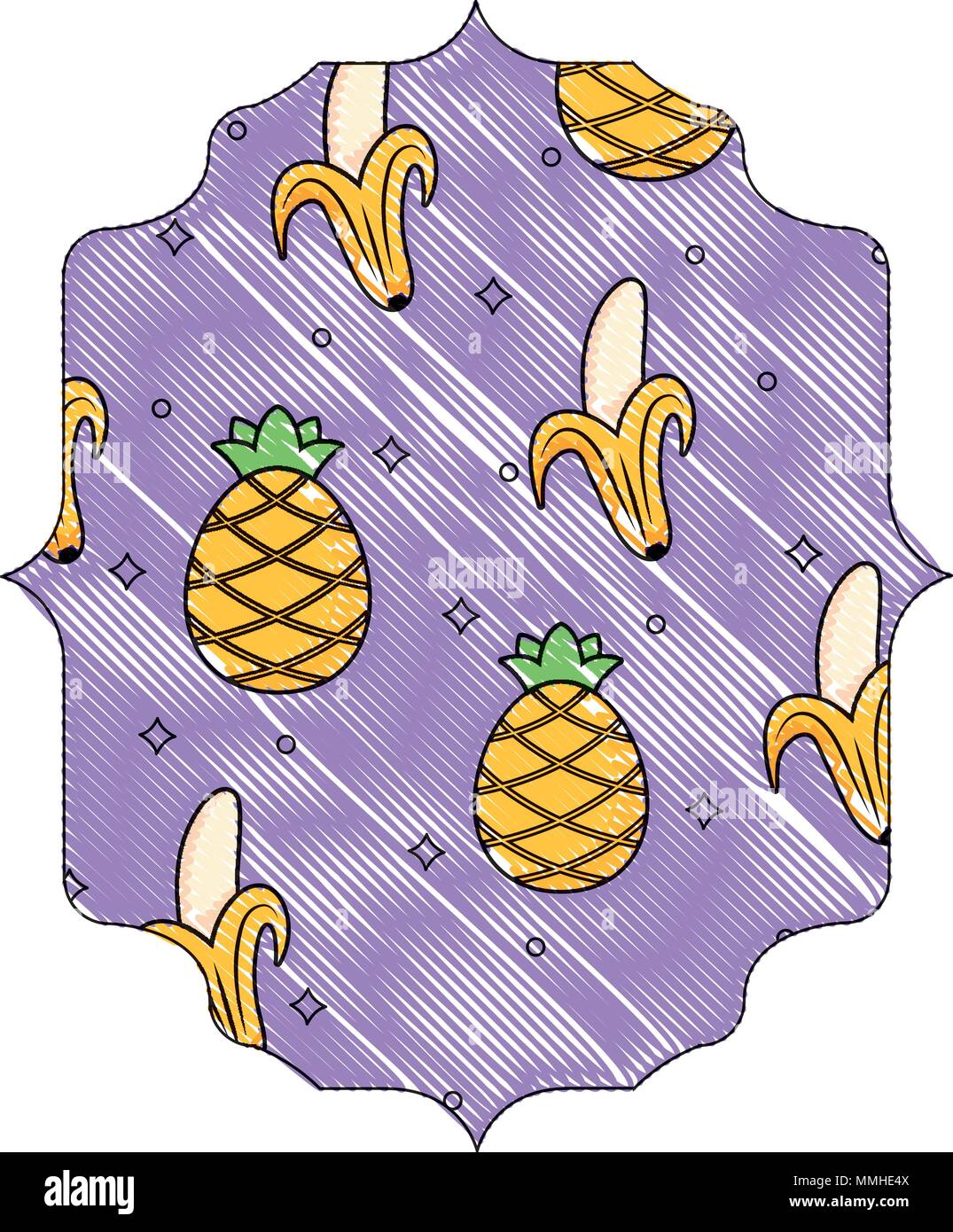 arabic frame with pineapples and bananas pattern over white background, vector illustration Stock Vector