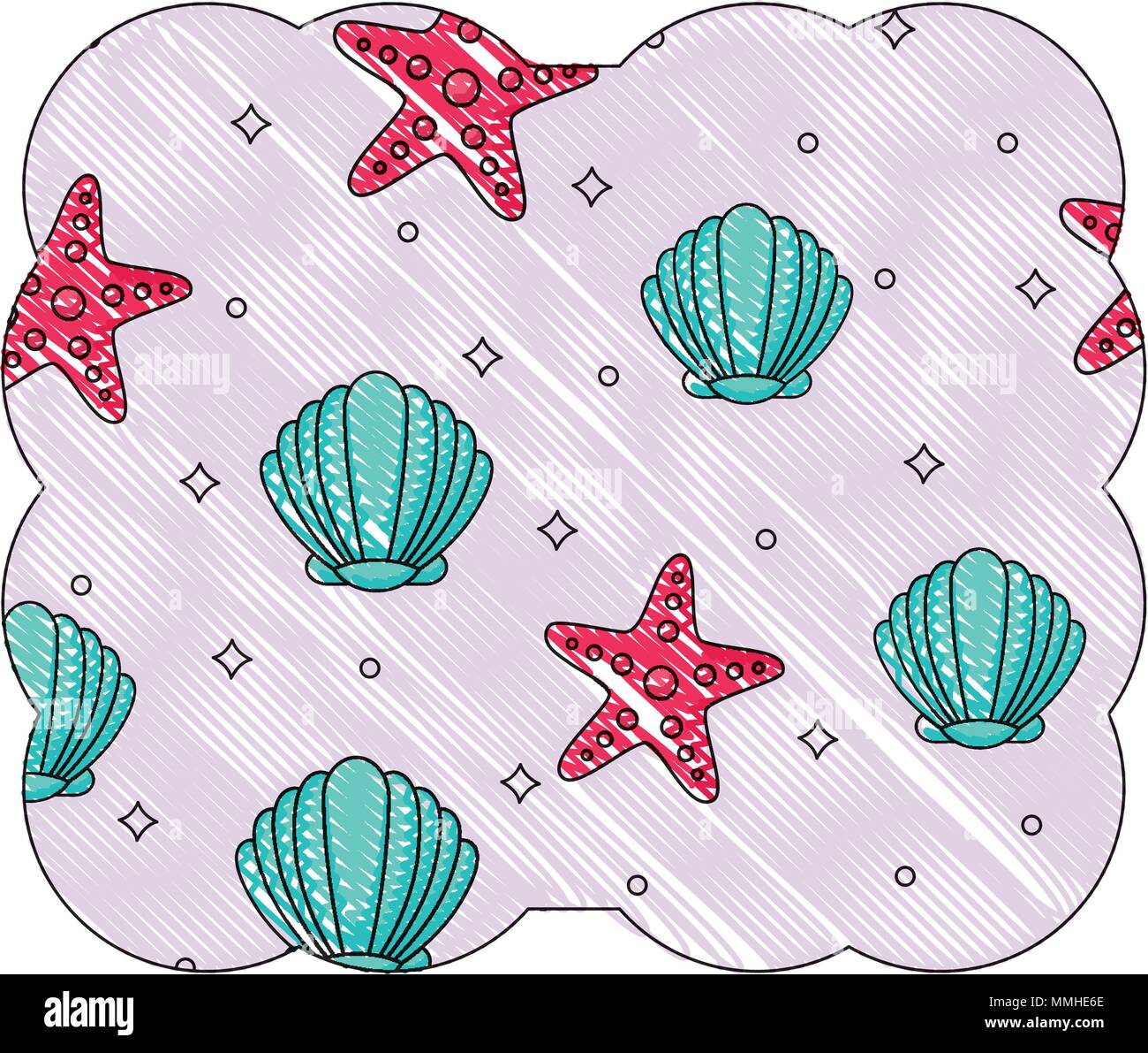 decorative frame with seashell and sea stars pattern over white background, vector illustration Stock Vector