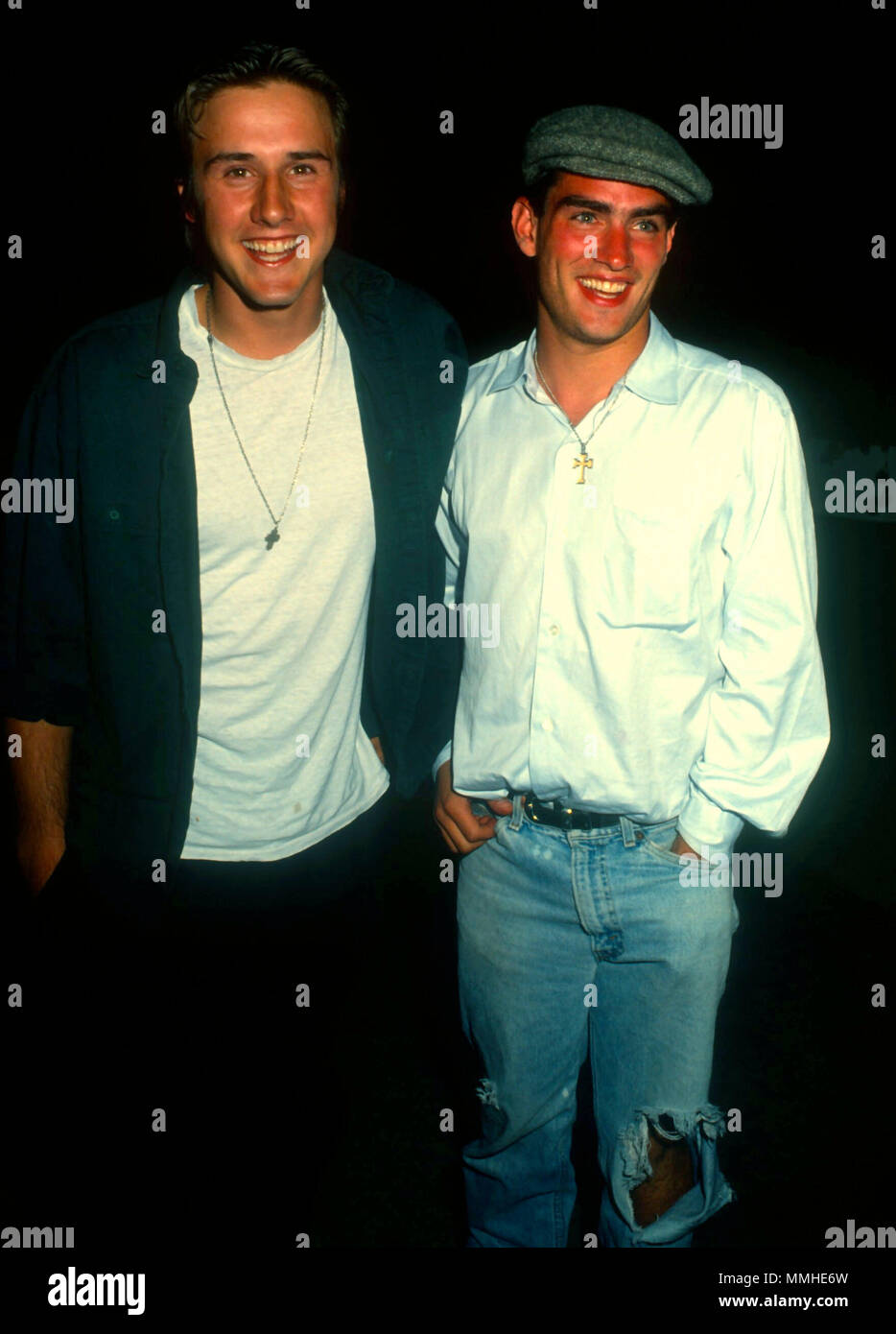 LOS ANGELES, CA - MAY 26: (L-R) Actors David Arquette and Rodney Harvey attend Bernie Taupin's 40th Birthday Party at The Roxbury on May 26, 1990 in Los Angeles, California. Photo by Barry King/Alamy Stock Photo Stock Photo