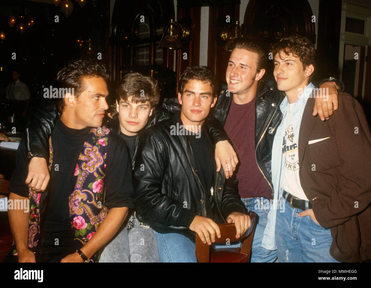 SHERMAN OAKS, CA - MAY 19: Actors Robert Rusler, Jay R. Ferguson, Rodney Harvey, David Arquette and Harold Pruett attend event for 'The Outsiders' television series at Sherman Oaks Galleria on May 19, 1990 in Sherman Oaks, California. Photo by Barry King/Alamy Stock Photo Stock Photo