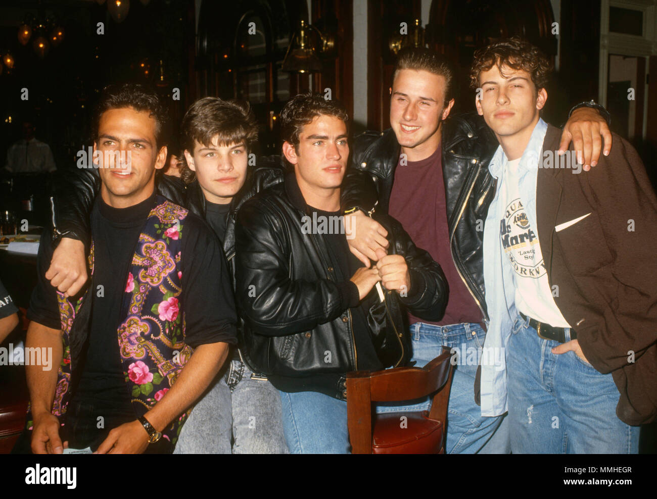 SHERMAN OAKS, CA - MAY 19: Actors Robert Rusler, Jay R. Ferguson, Rodney Harvey, David Arquette and Harold Pruett attend event for 'The Outsiders' television series at Sherman Oaks Galleria on May 19, 1990 in Sherman Oaks, California. Photo by Barry King/Alamy Stock Photo Stock Photo