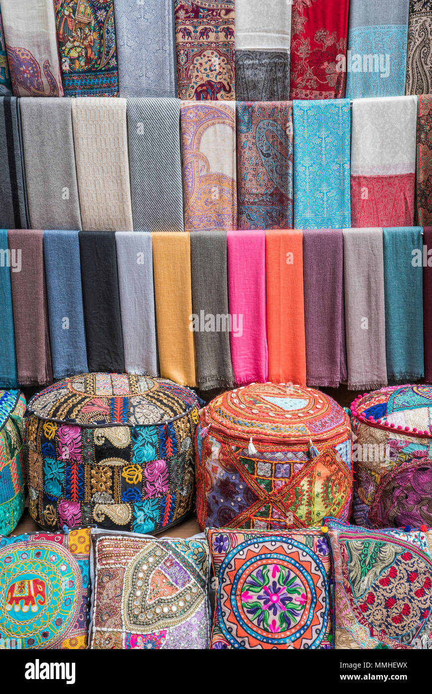 Clothes and textiles for sale in the textile markets of old town Duba UAE, Middle  East Stock Photo - Alamy