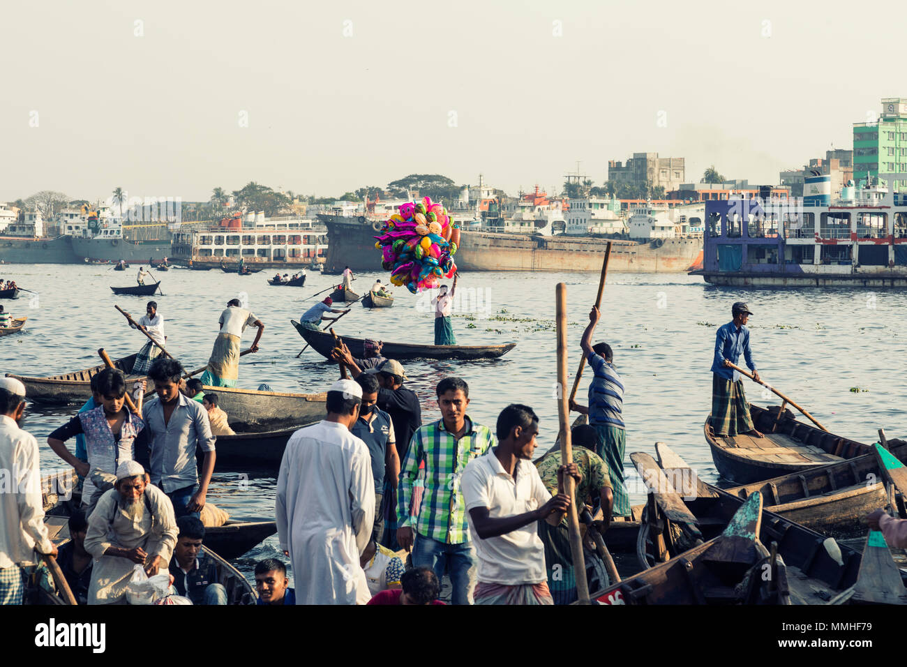 Dhaka, Bangladesh, February 24 2017 Colorful bustle at the Sadarghat