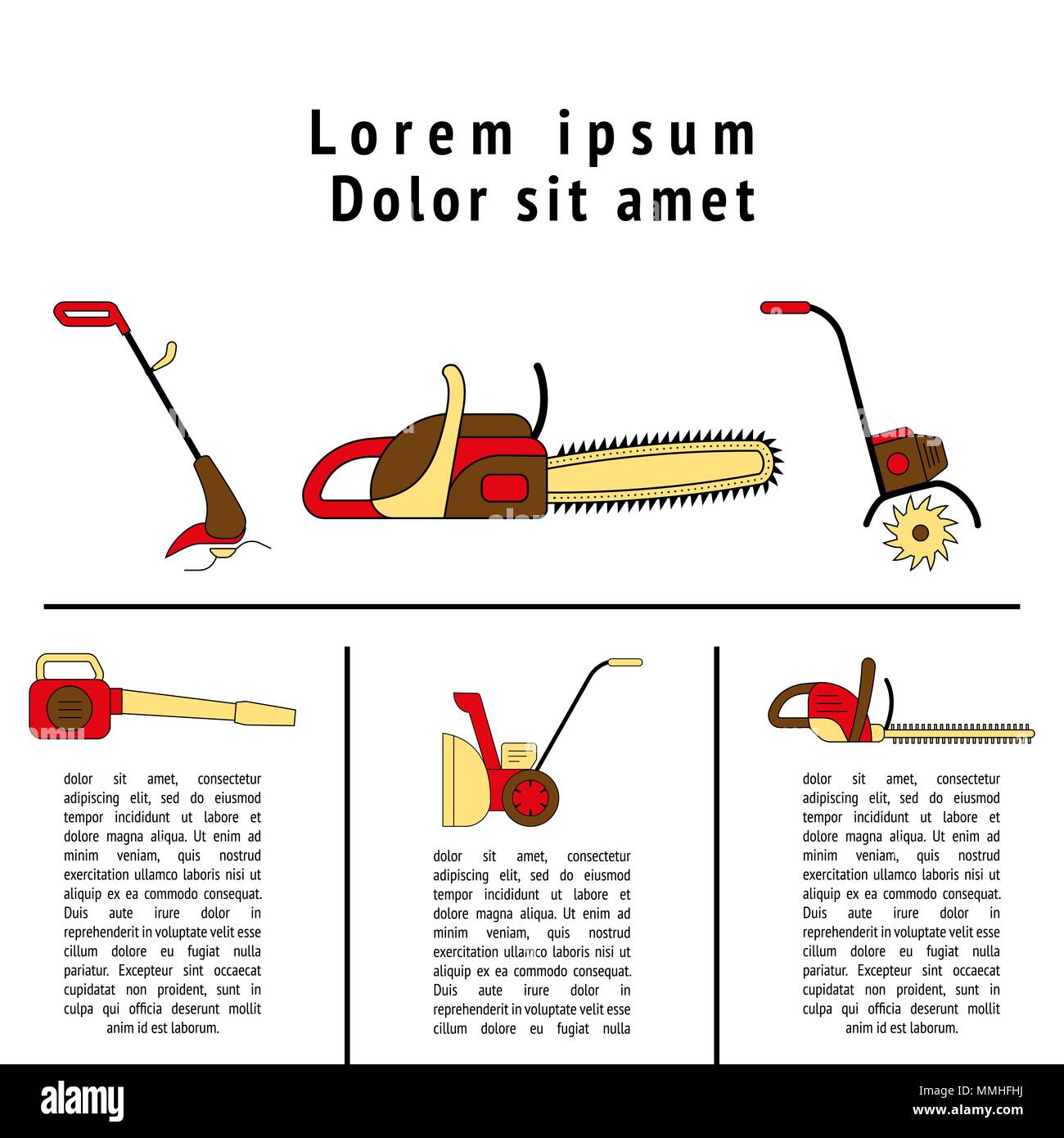 Icons of gardening power tools for flyer or leaflet. Technique for garden and lawn care Stock Vector