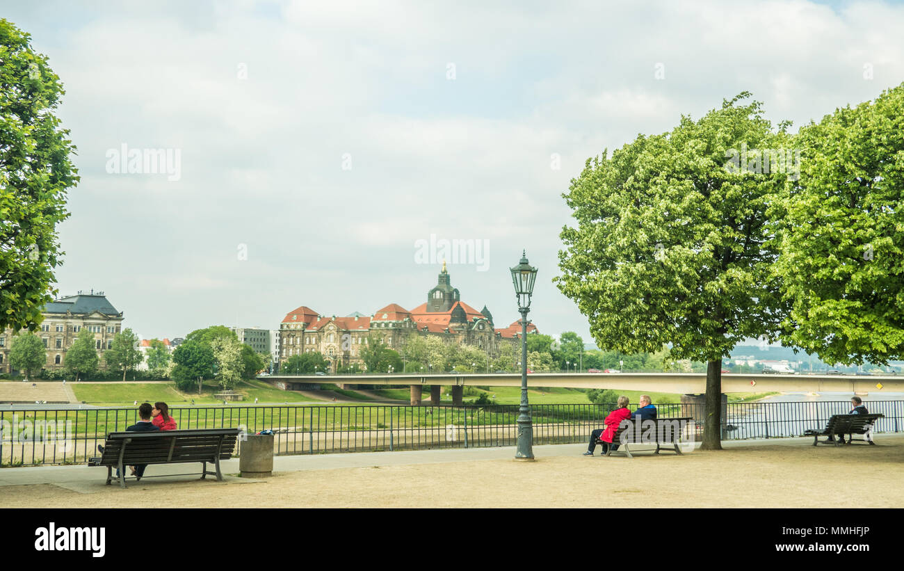 View from Brühl's Terrace (aka the Balcony of Europe) in Dresden, Germany, with the River Elbe & The State Government Office building. Stock Photo