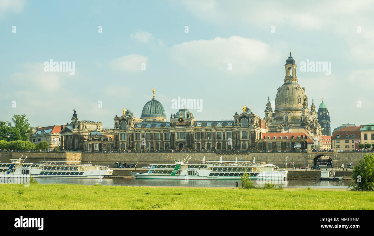 Dresden and the River Elbe, Germany, with the dome of the Church of Our Lady (Frauenkirche) right. Brühl's Terrace aka Balcony of Europe can be seen. Stock Photo