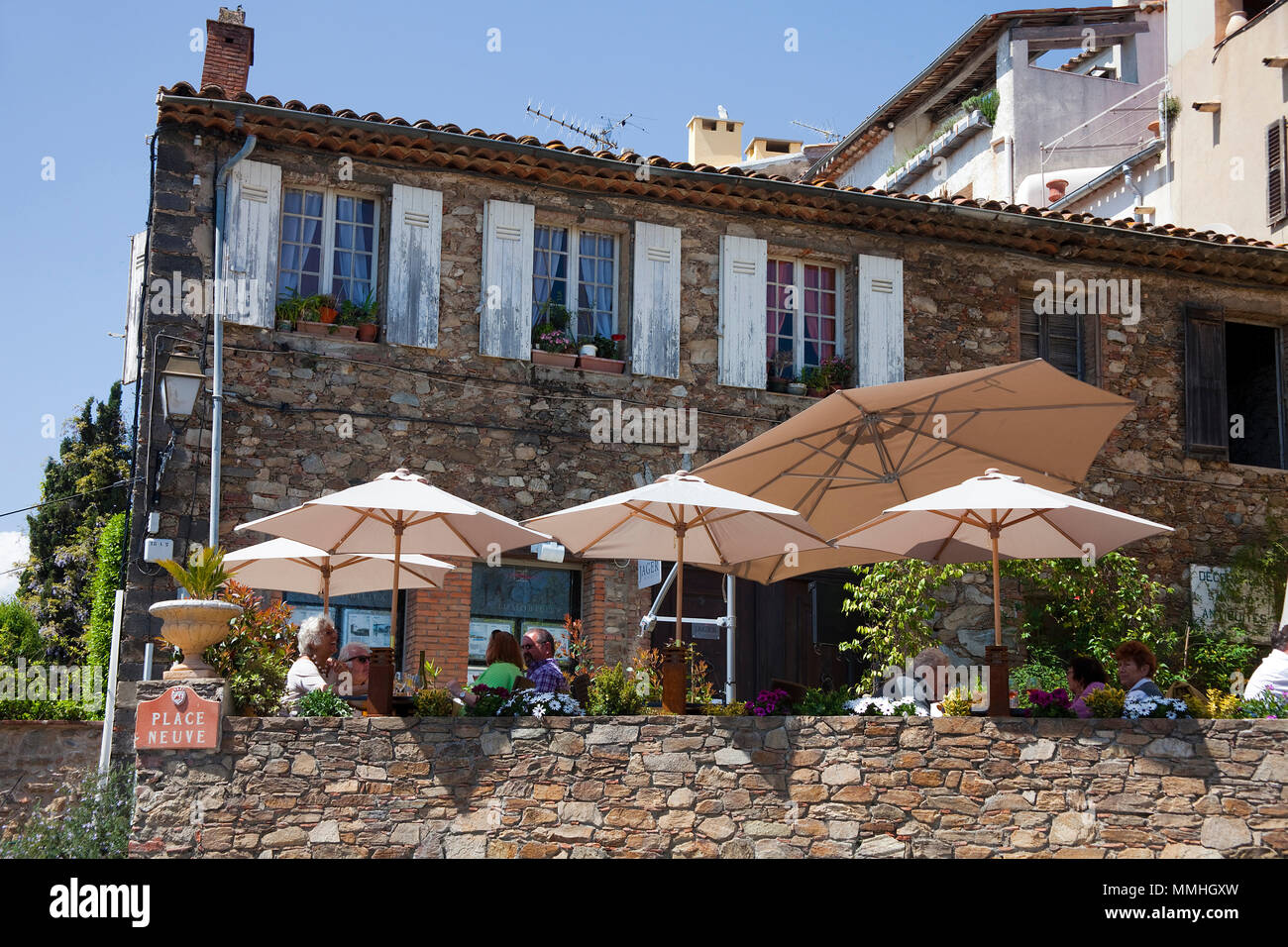 Restaurant at place Neuve, Grimaud-Village, Cote d'Azur, South France, France, Europe Stock Photo