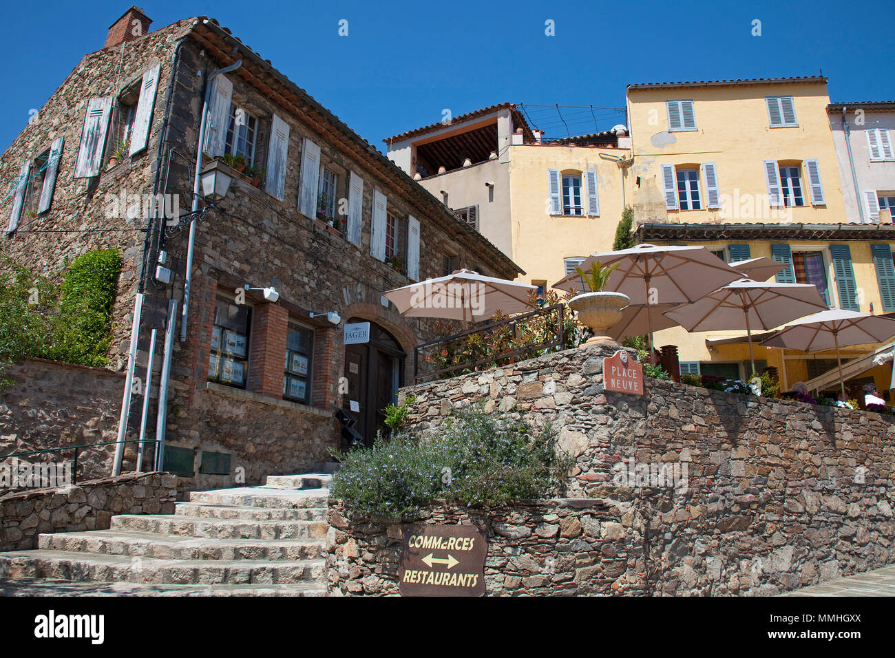 Restaurant at place Neuve, Grimaud-Village, Cote d'Azur, South France, France, Europe Stock Photo