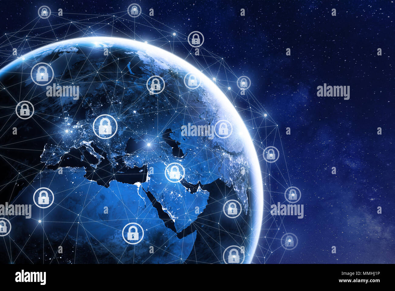 Cybersecurity and global communication, secure data network technology, cyberattack protection for worldwide connections, finance, IoT and cryptocurre Stock Photo