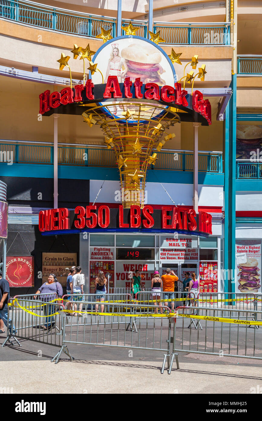 Tourist line up to eat at the Heart Attack Grill on Fremont Street in Las Vegas, Nevada Stock Photo