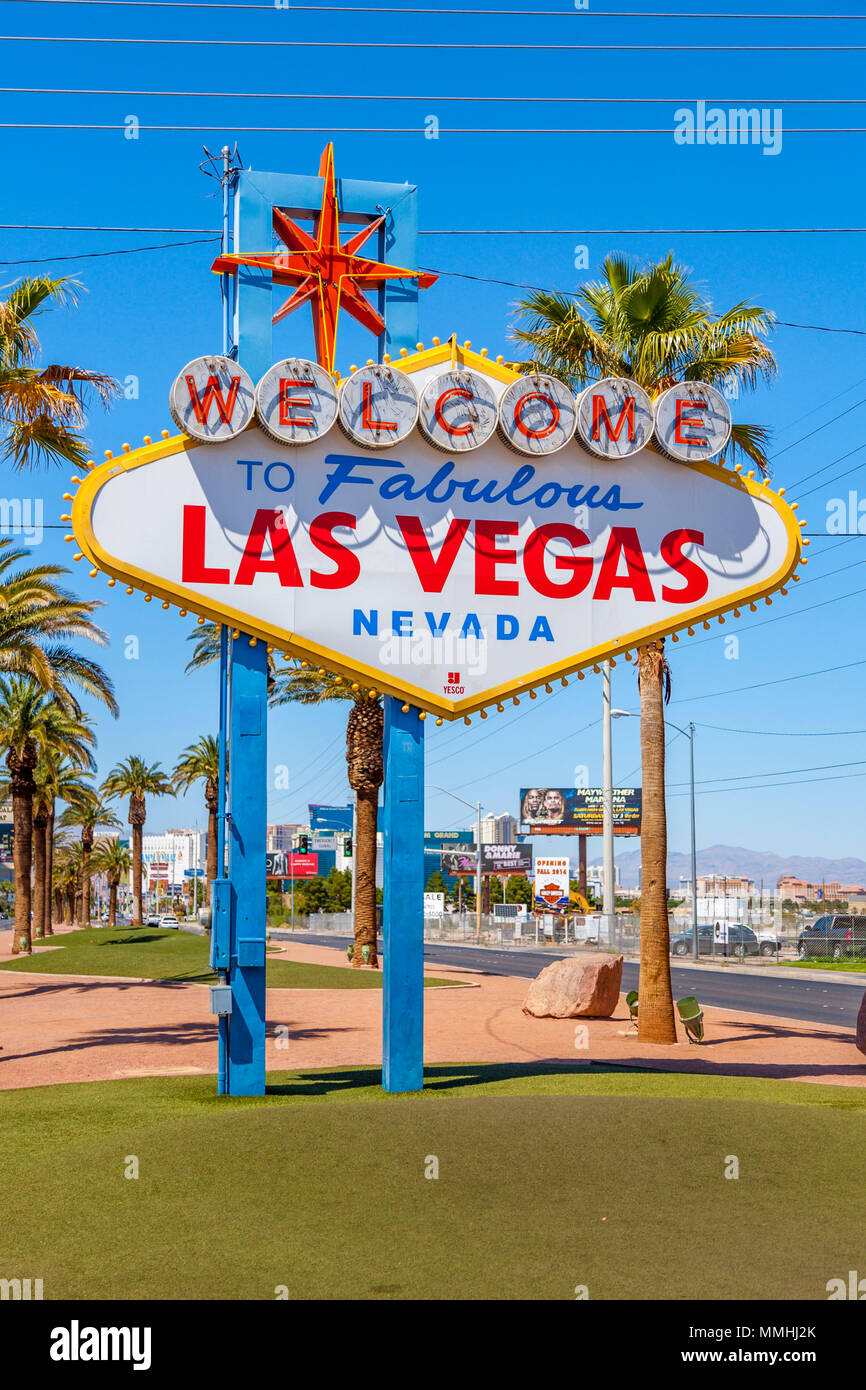 Iconic 'Welcome to Fabulous Downtown Las Vegas' sign on the south end of the Las Vegas Strip in Las Vegas, Nevada Stock Photo