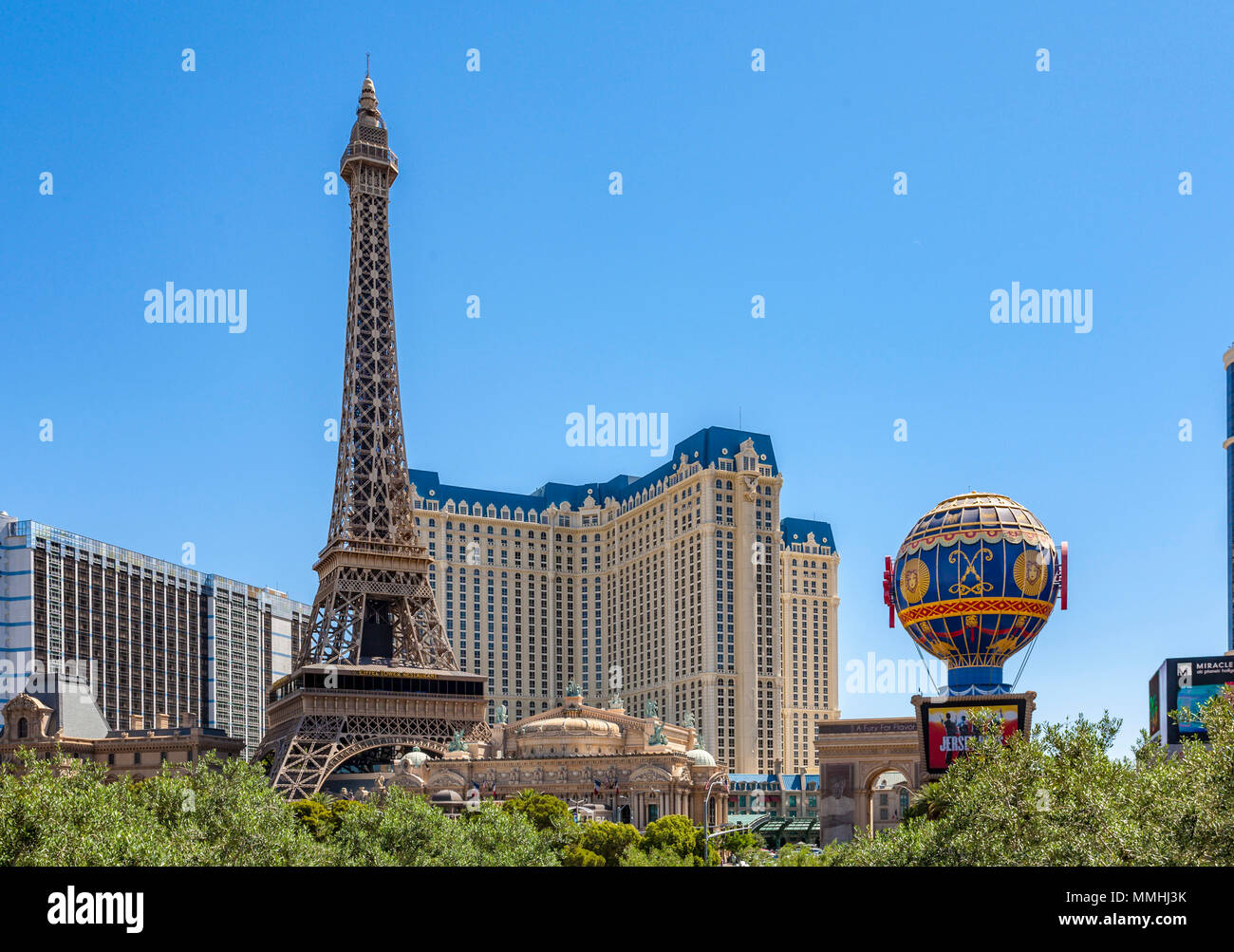 Scale replica of the Eiffel Tower at Paris Las Vegas Hotel and Casino on the Las Vegas Strip in Paradise, Nevada Stock Photo
